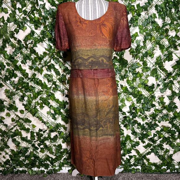 Unique vintage Karin Steven’s abstract orange green red midi dress - Picture 1 of 4